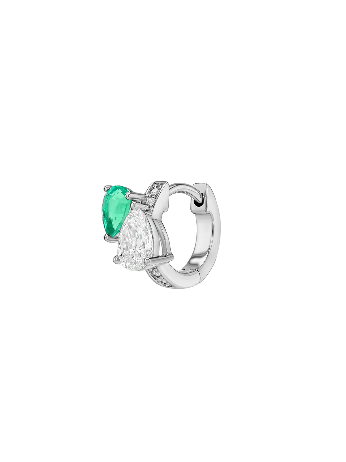 14K DOUBLE PEAR-CUT HUGGIE EARRING IN LAB DIAMOND AND PETITE LAB EMERALD, 14K WHITE GOLD - Image 2