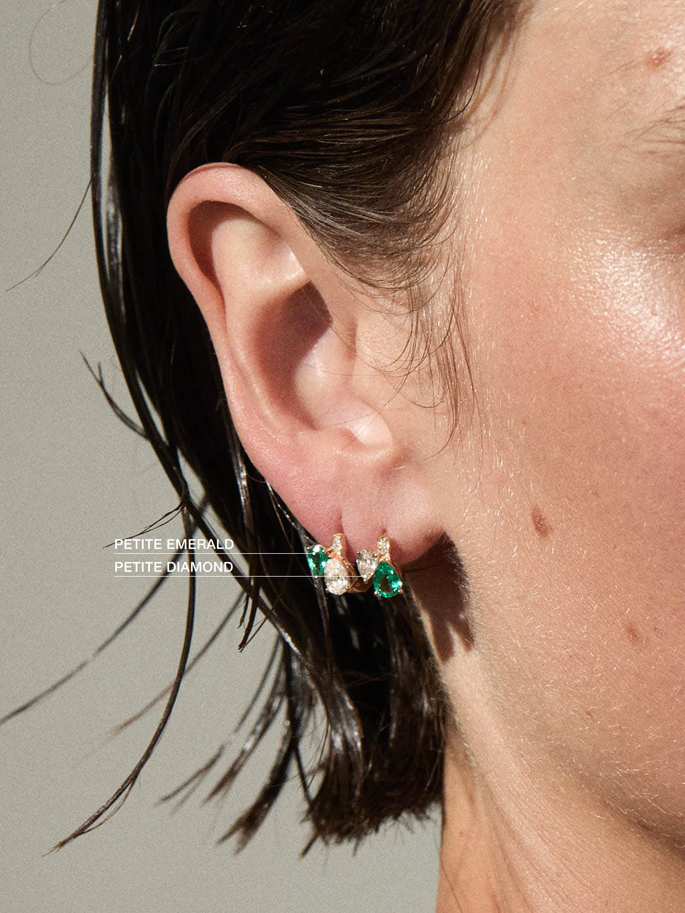 14K DOUBLE PEAR-CUT HUGGIE EARRING IN LAB DIAMOND AND PETITE LAB EMERALD, 14K YELLOW GOLD - Image 4