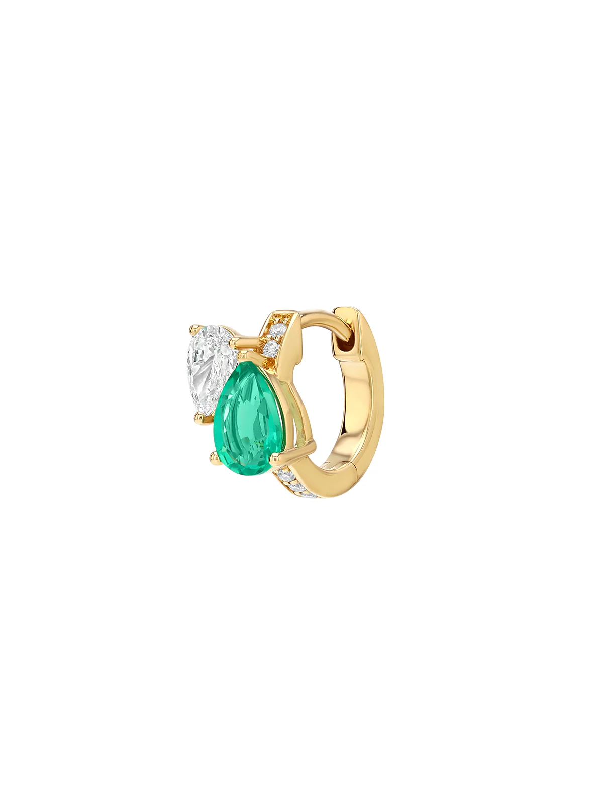 14K DOUBLE PEAR-CUT HUGGIE EARRING IN LAB EMERALD AND PETITE LAB DIAMOND, 14K YELLOW GOLD - Image 2