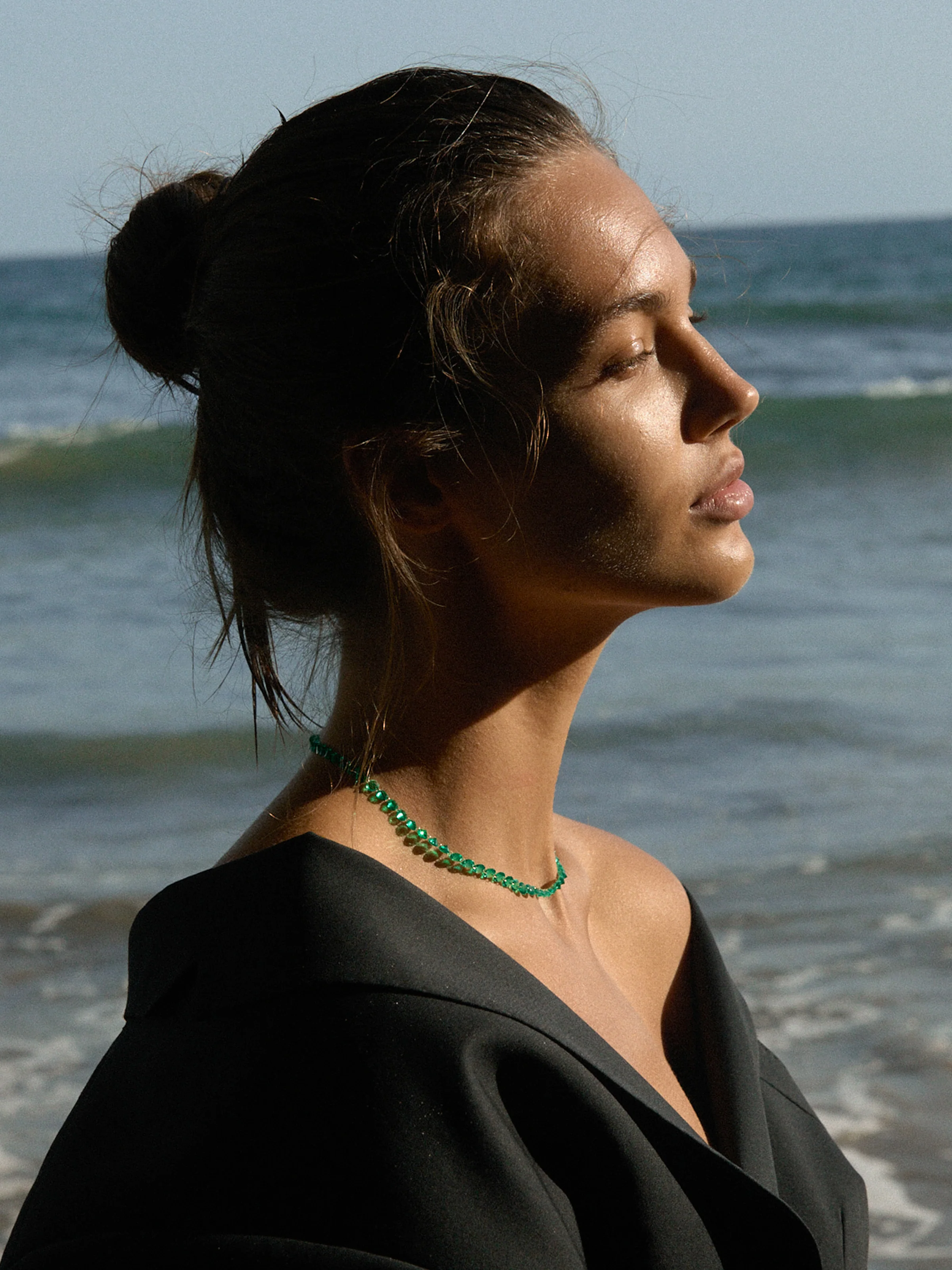 14K FLOATING ETERNITY NECKLACE IN 5MM LAB EMERALD, 14K YELLOW GOLD - Image 4