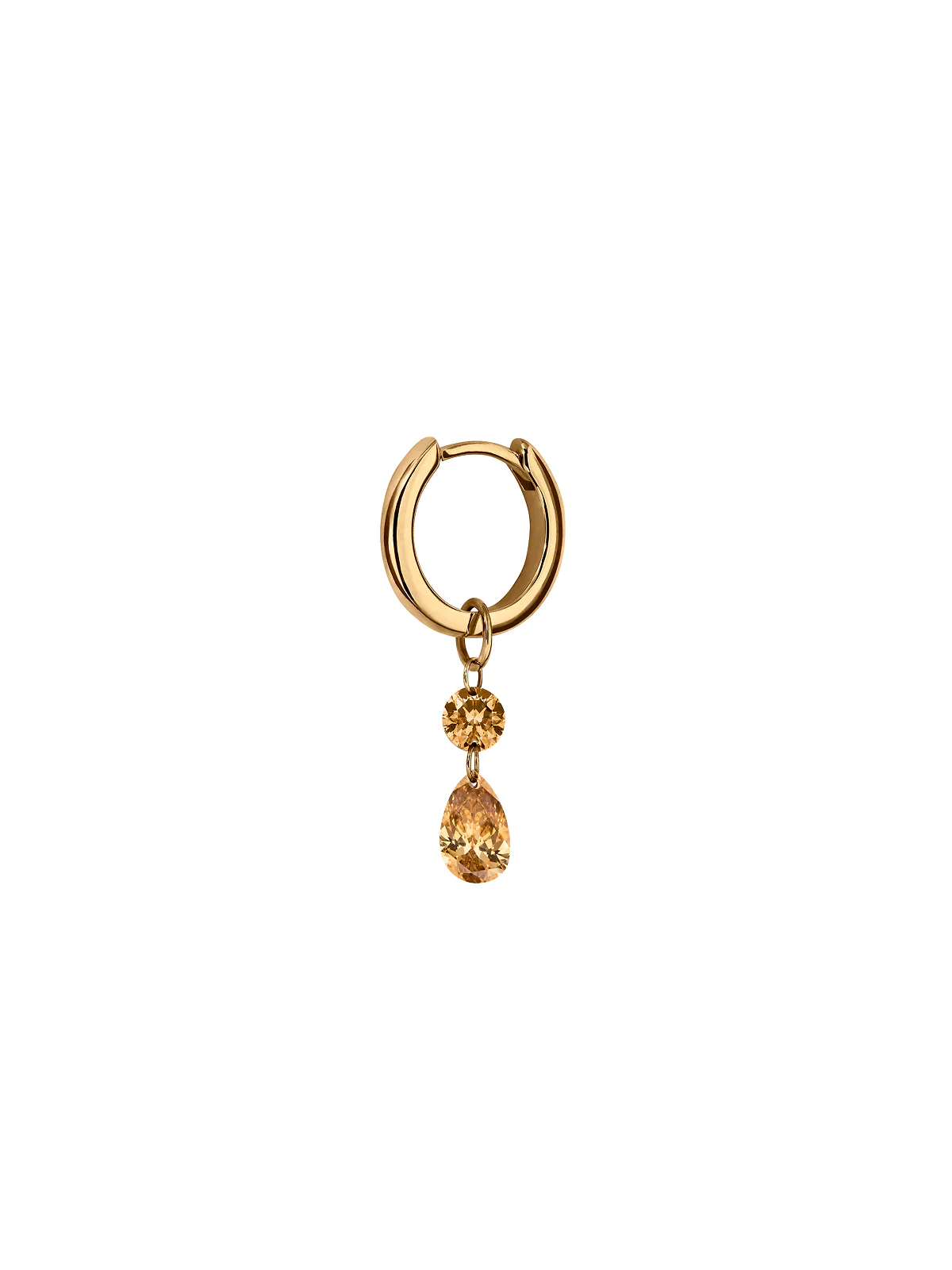 14K FLOATING ROUND & PEAR HUGGIE EARRING IN CHAMPAGNE LAB DIAMOND, 14K YELLOW GOLD - Image 2