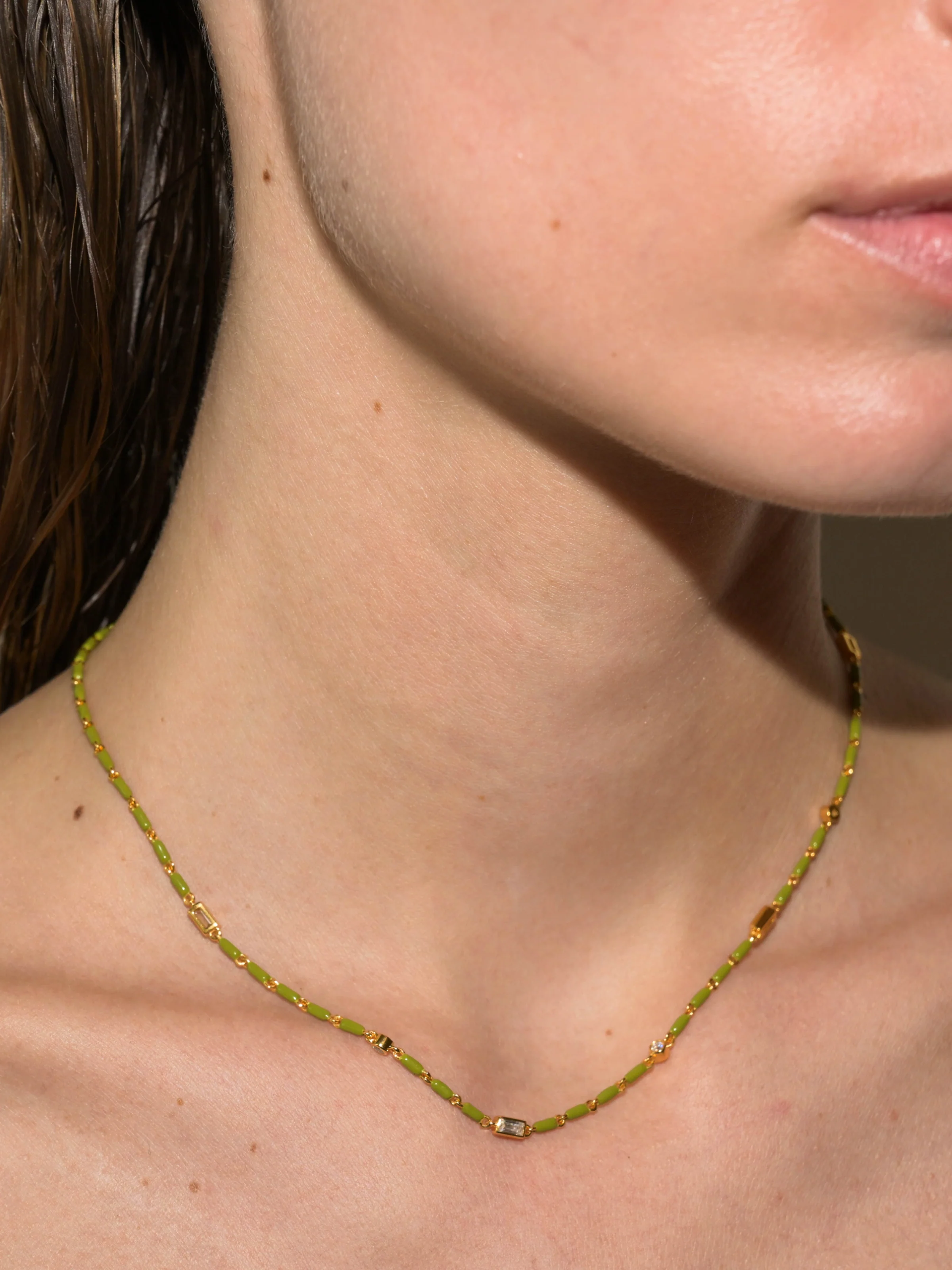 ENAMEL MOISSANITE NECKLACE IN OLIVE, 18K GOLD VERMEIL - Image 3