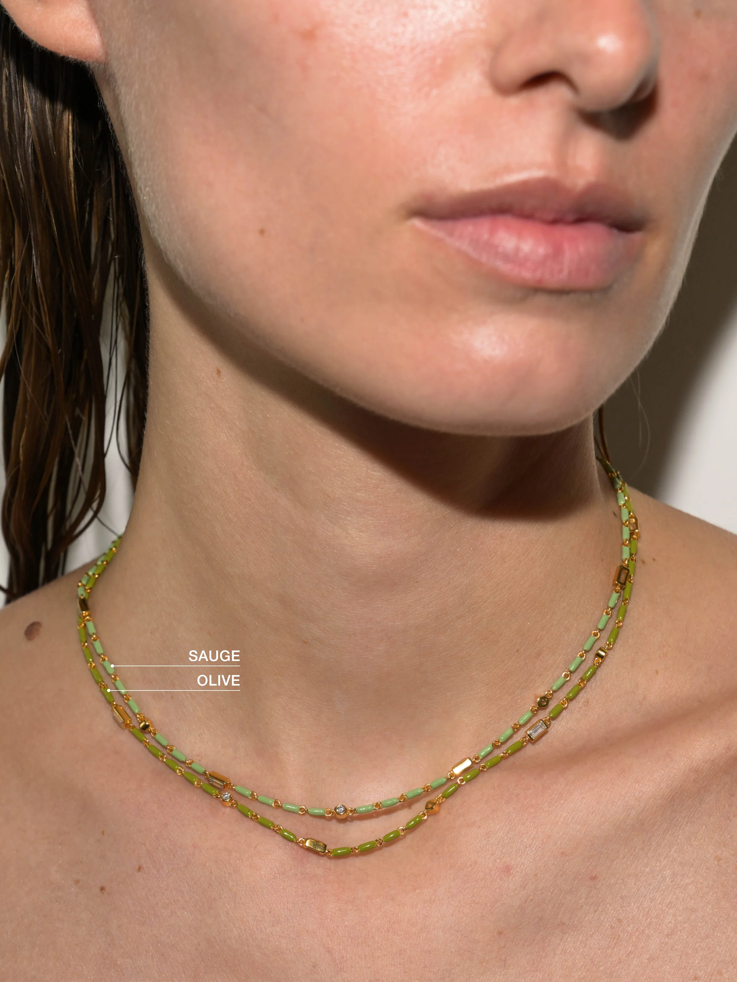 ENAMEL MOISSANITE NECKLACE IN OLIVE, 18K GOLD VERMEIL - Image 4