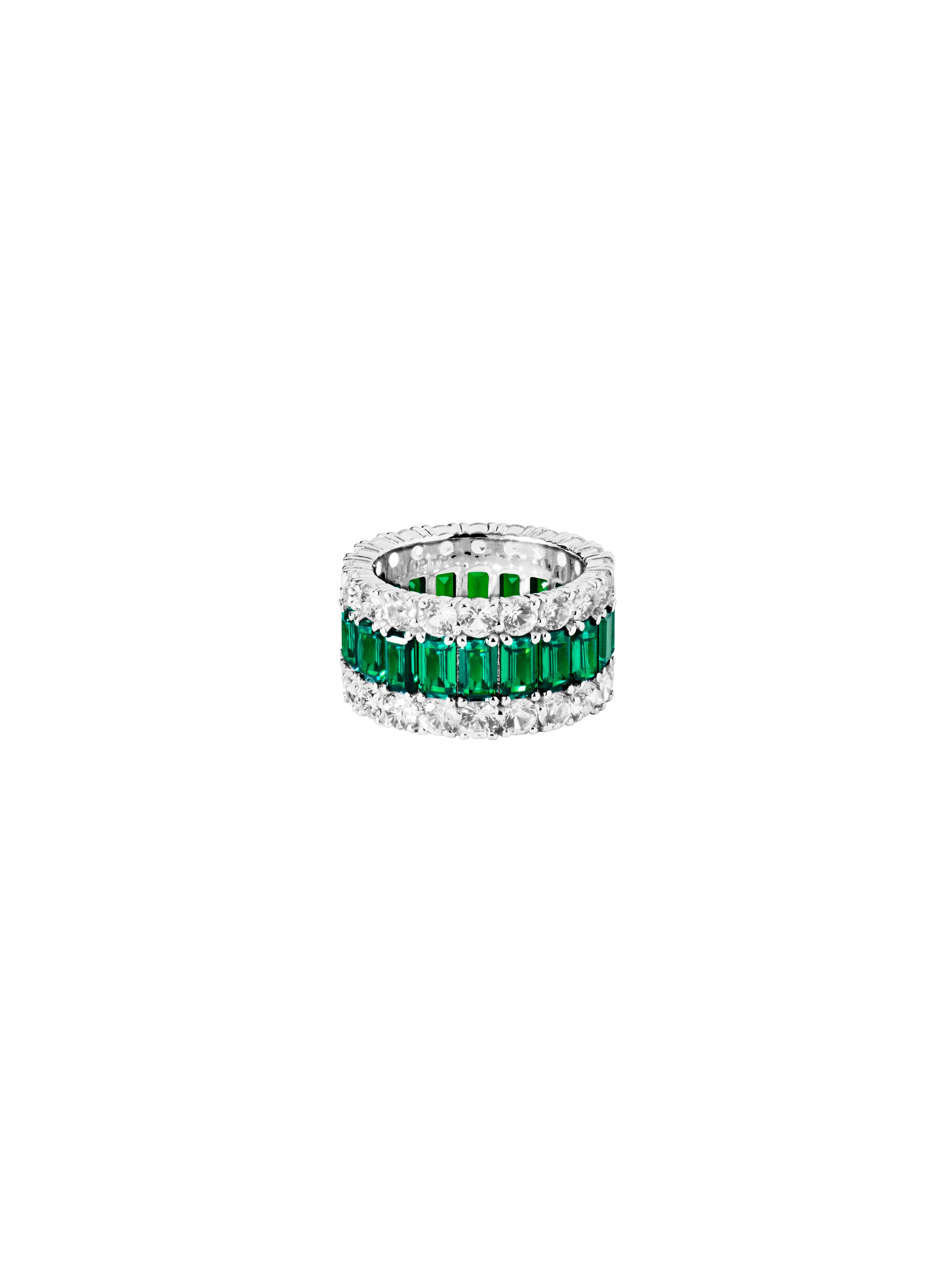 MAXIME THREE-ROW RING IN NANO EMERALD AND MOISSANITE, STERLING SILVER